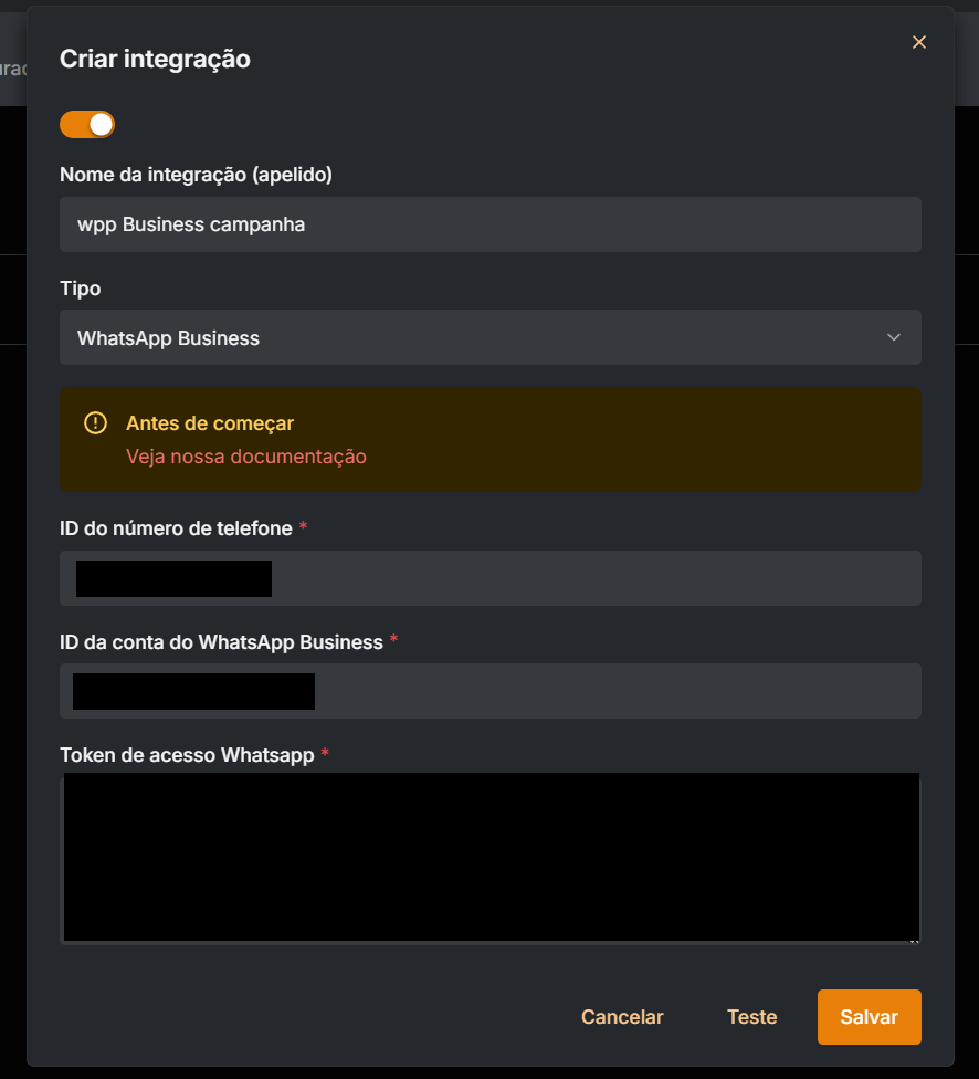 Integration creation screen