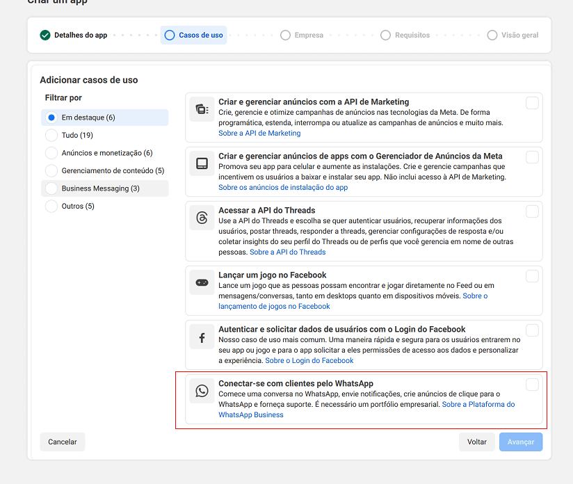 Selección del caso de uso de WhatsApp