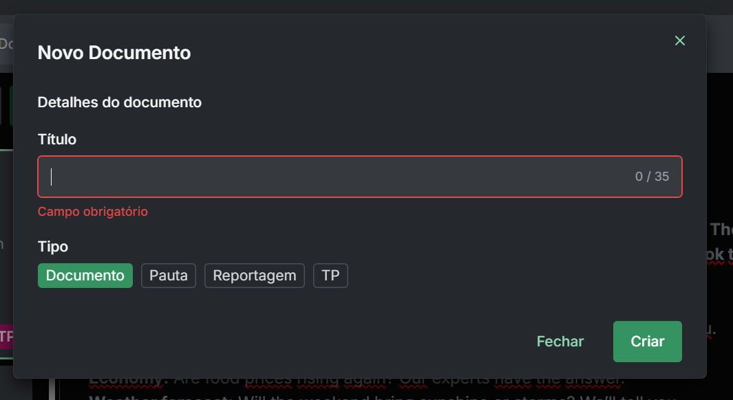 Modal de Criação de Documento